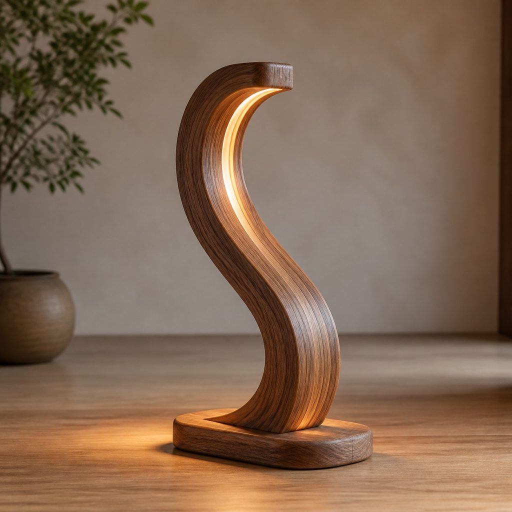 Walnut S-Curve Lamination Lamp shown as an original square photorealistic laminated wood lamp dominated by authentic wood texture and warm diffused light