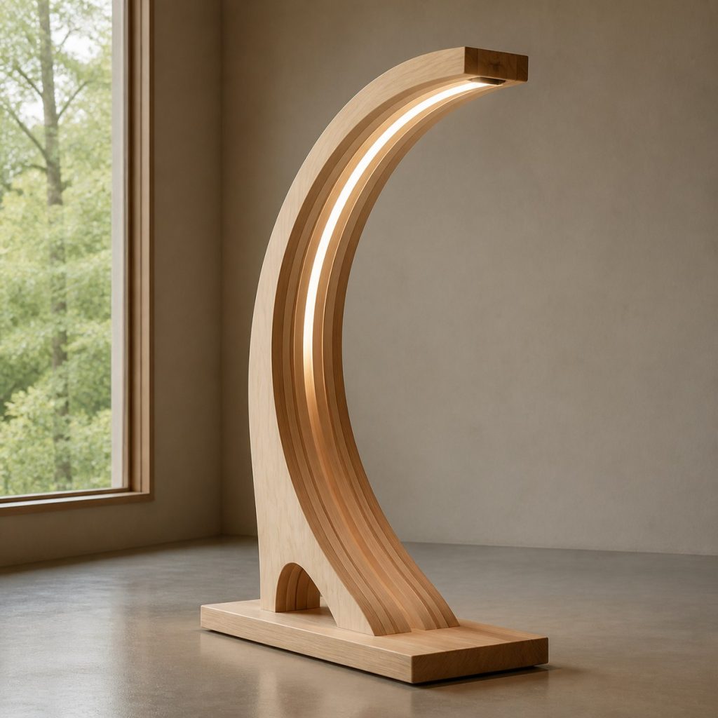 Maple Laminated Arch Floor Lamp shown as an original square photorealistic laminated wood lamp dominated by authentic wood texture and warm diffused light