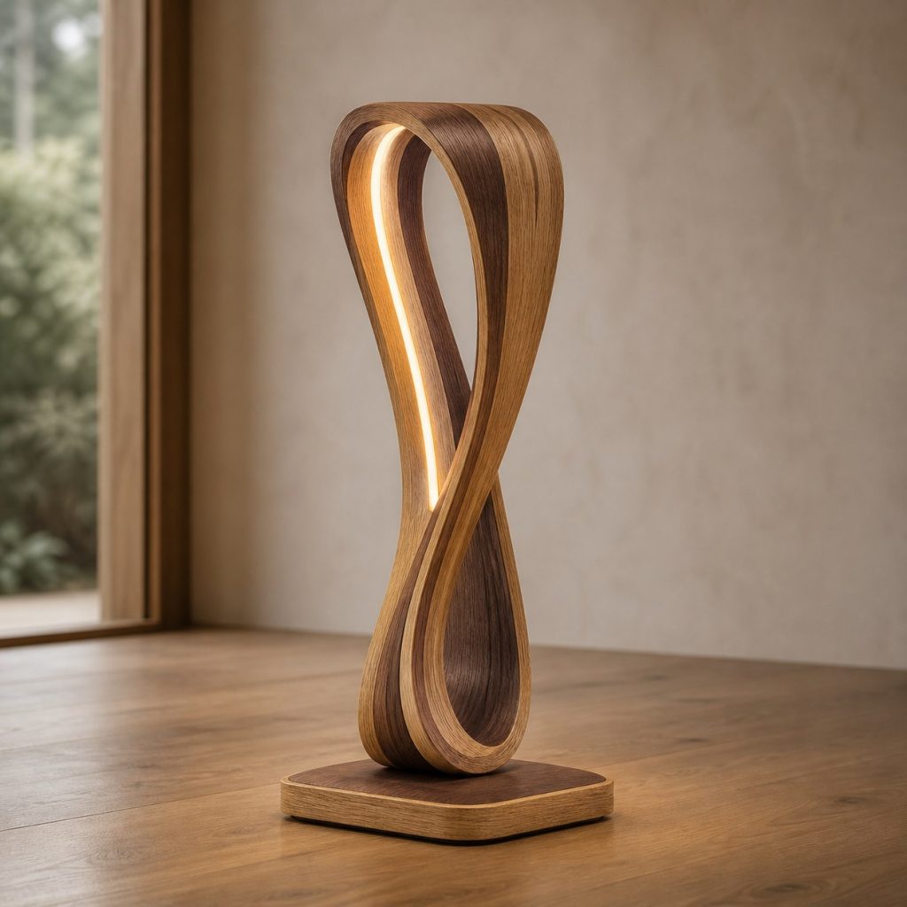 Two-Tone Laminated Ribbon Lamp shown as an original square photorealistic laminated wood lamp dominated by authentic wood texture and warm diffused light