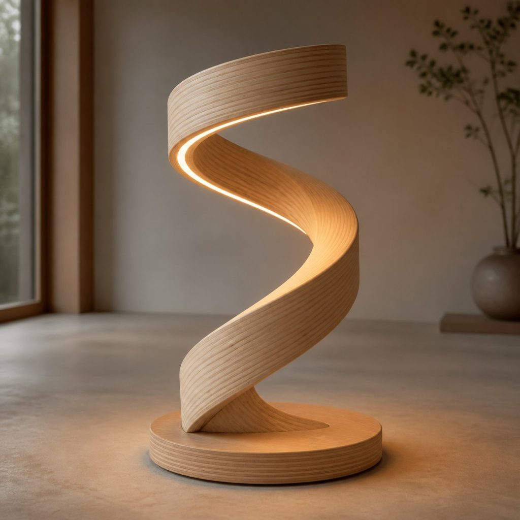 Birch Plywood Spiral Lamp shown as an original square photorealistic laminated wood lamp dominated by authentic wood texture and warm diffused light