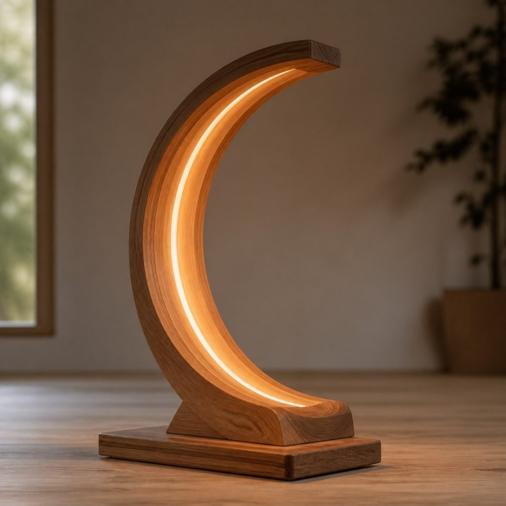 Cherry Laminated Crescent Lamp shown as an original square photorealistic laminated wood lamp dominated by authentic wood texture and warm diffused light