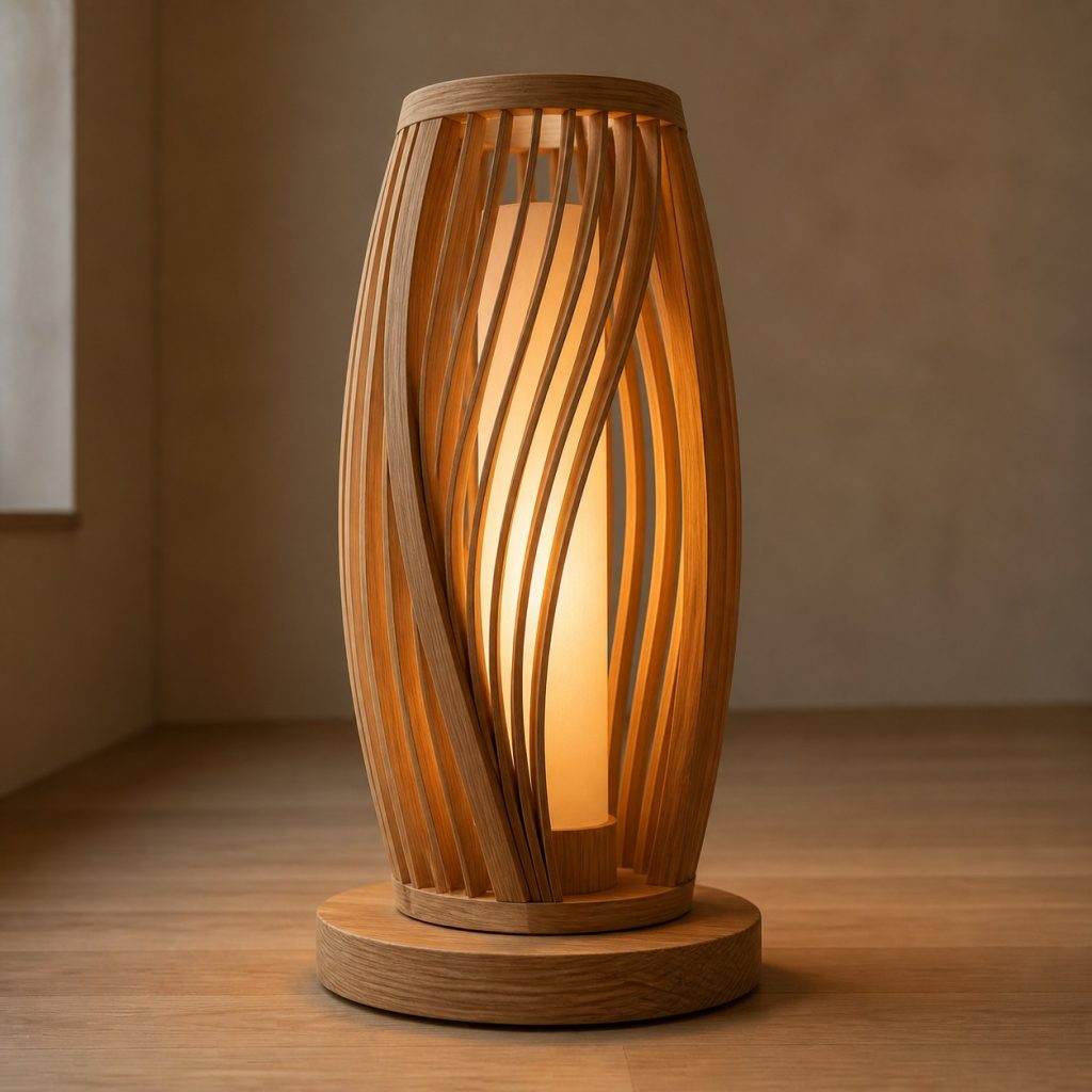 Ash Laminated Oval Lantern shown as an original square photorealistic laminated wood lamp dominated by authentic wood texture and warm diffused light