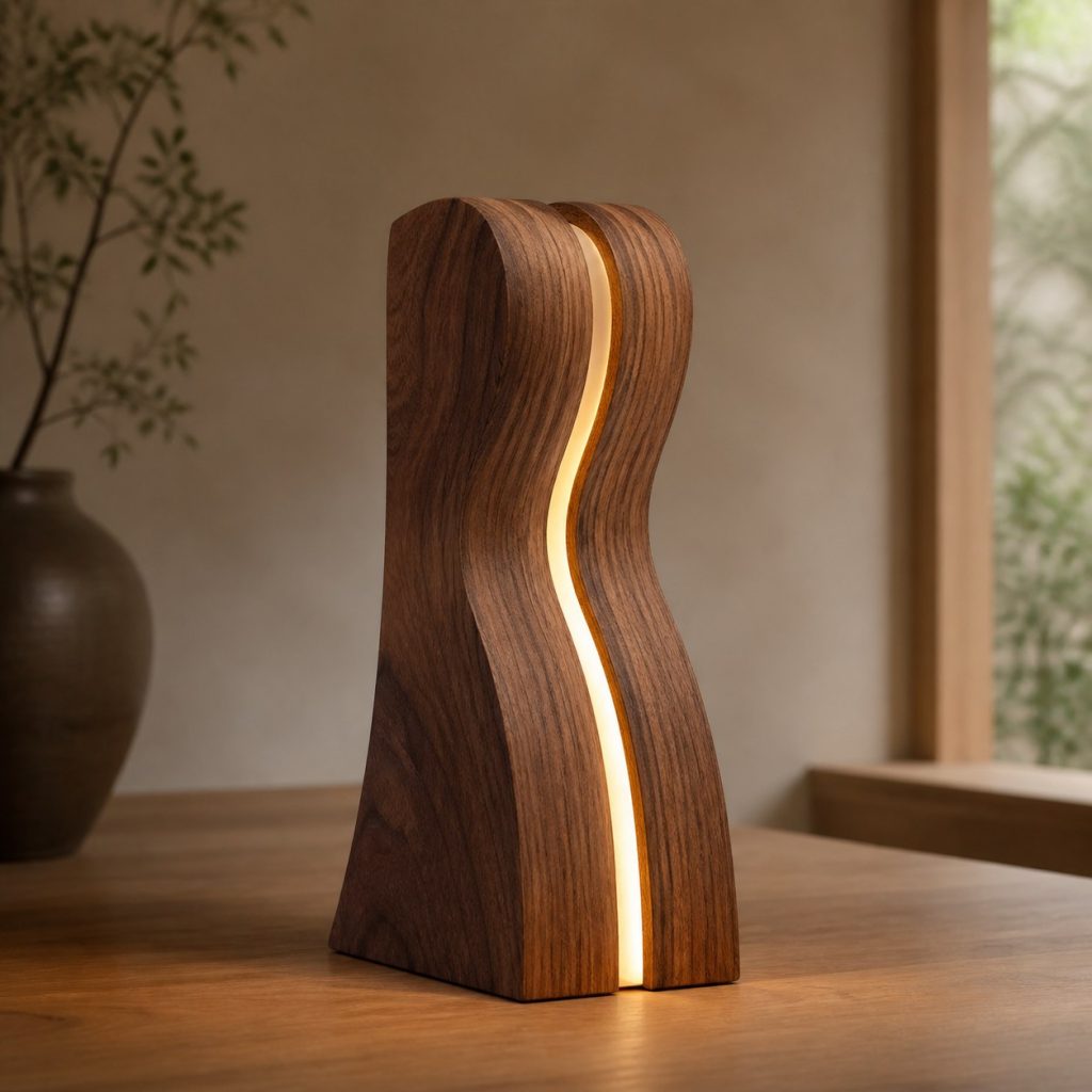 Stack-Laminated Walnut Wave Lamp shown as an original square photorealistic laminated wood lamp dominated by authentic wood texture and warm diffused light