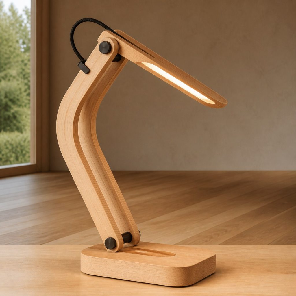 Laminated Beech Task Lamp shown as an original square photorealistic laminated wood lamp dominated by authentic wood texture and warm diffused light