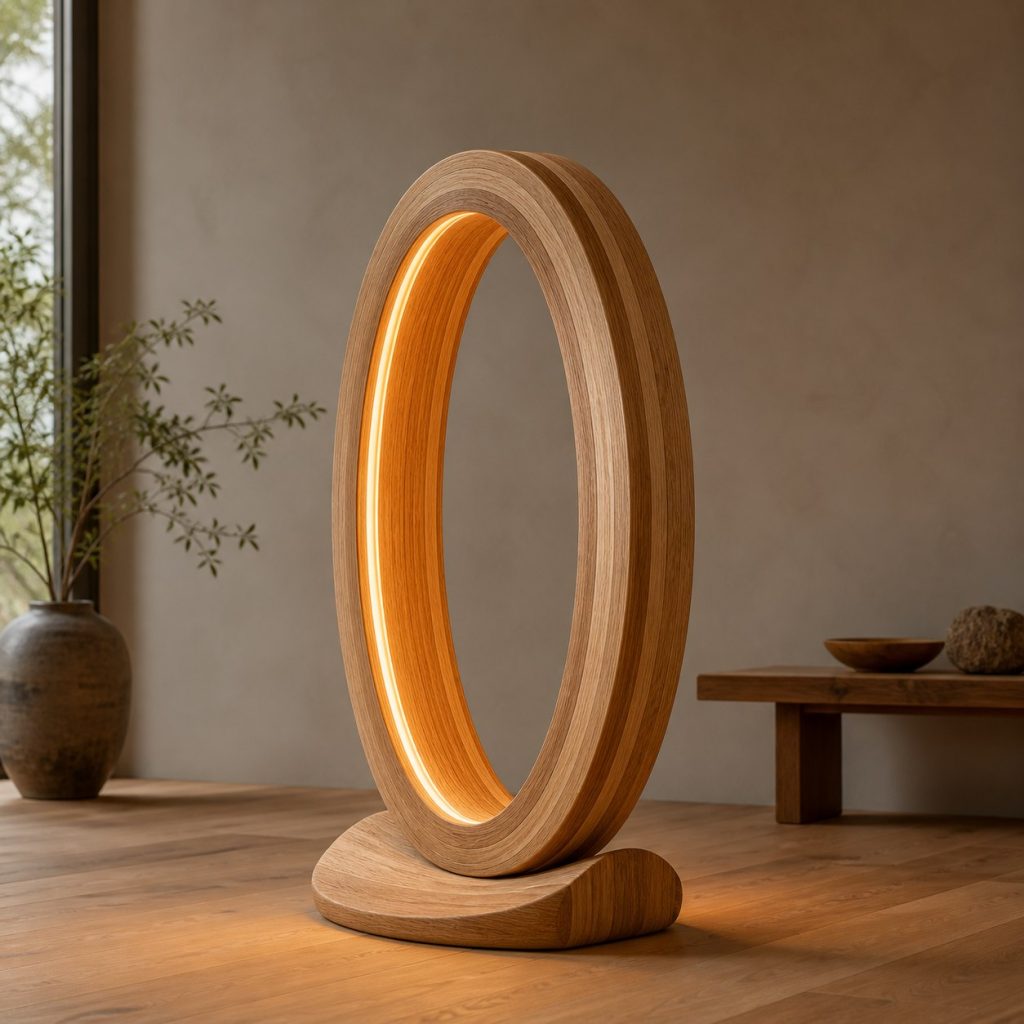 Laminated Oak Ring Floor Lamp shown as an original square photorealistic laminated wood lamp dominated by authentic wood texture and warm diffused light