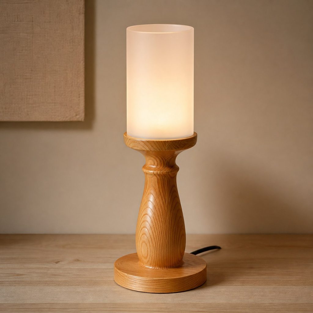 Larch Turned Bedside Lamp shown as an original square photorealistic larch wood lamp with authentic grain, warm diffused light, and a short dark power cord