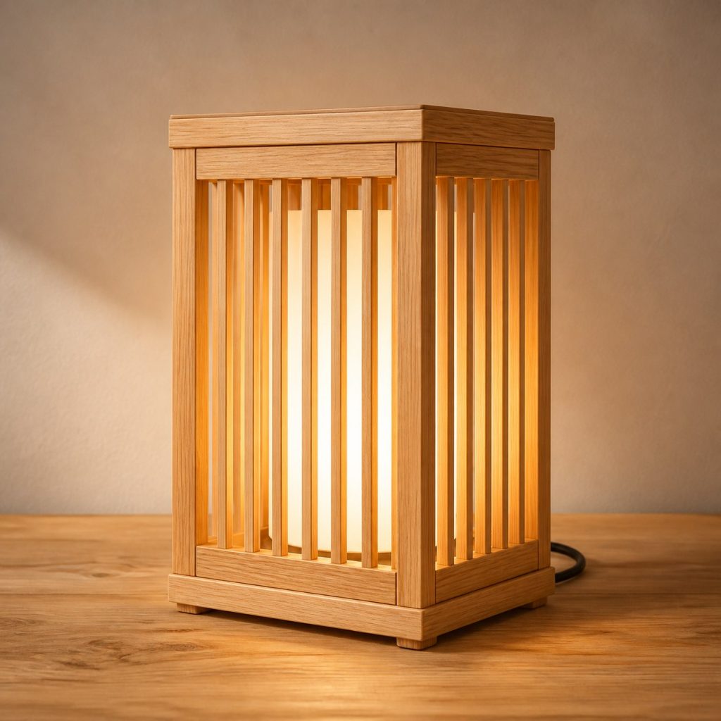 Larch Slatted Lantern Lamp shown as an original square photorealistic larch wood lamp with authentic grain, warm diffused light, and a short dark power cord