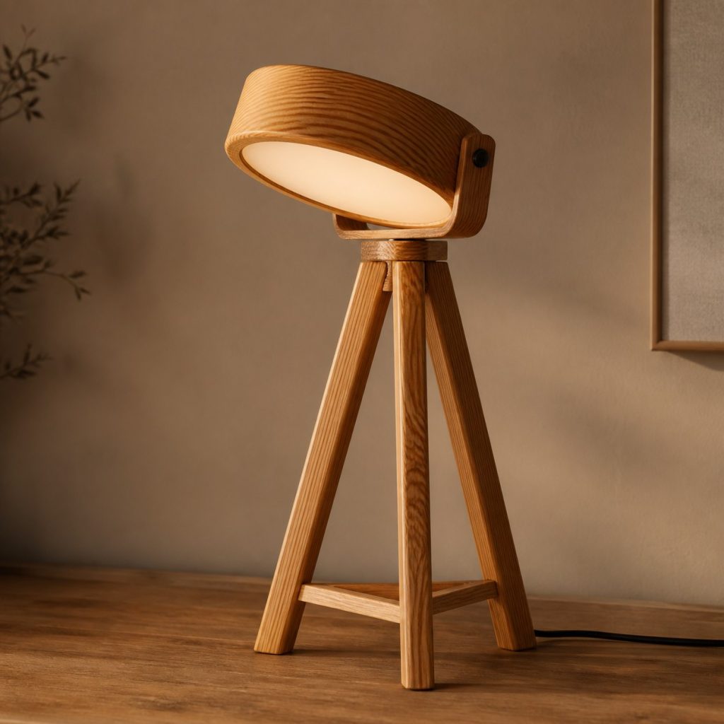 Larch Tripod Reading Lamp shown as an original square photorealistic larch wood lamp with authentic grain, warm diffused light, and a short dark power cord