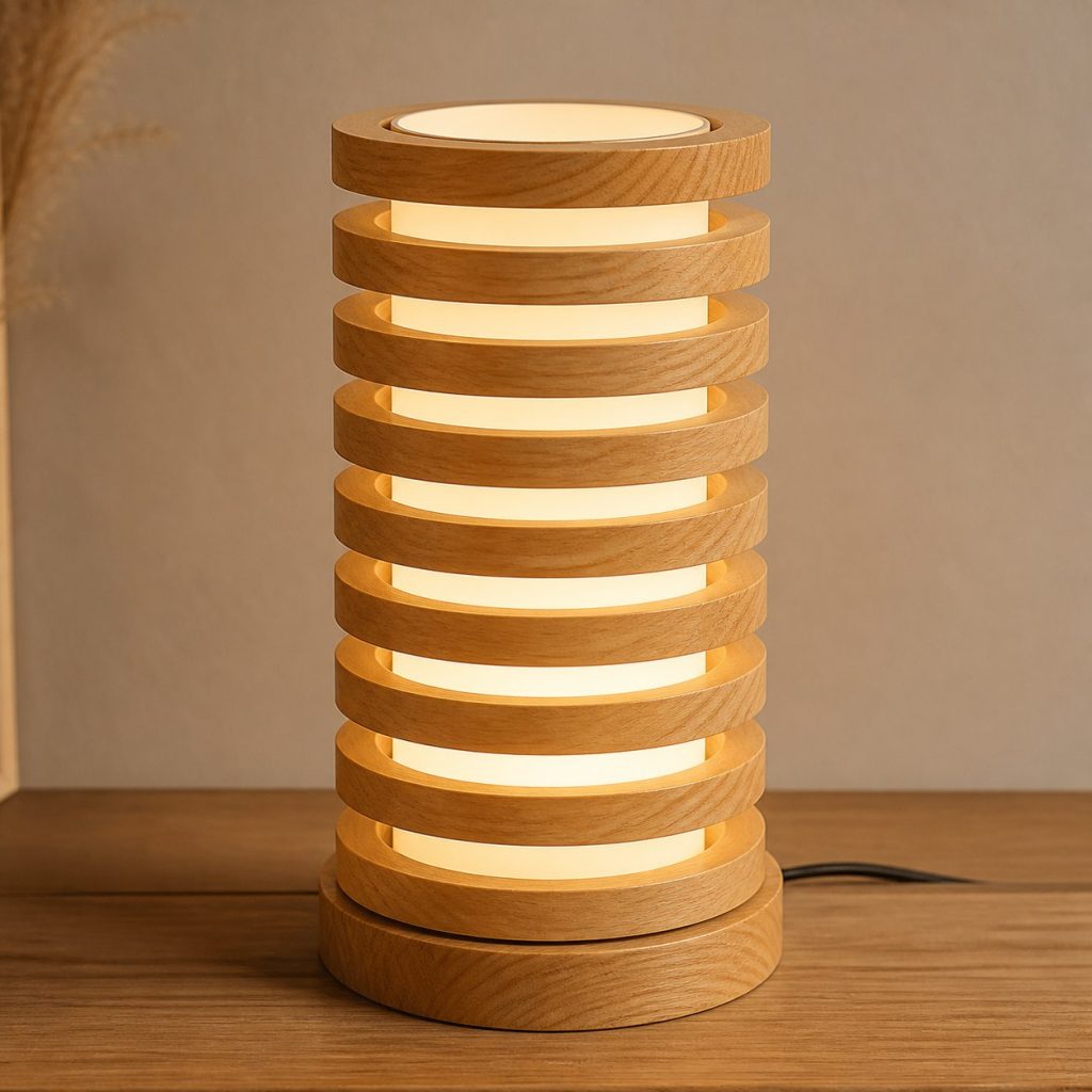 Larch Stacked Ring Lamp shown as an original square photorealistic larch wood lamp with authentic grain, warm diffused light, and a short dark power cord