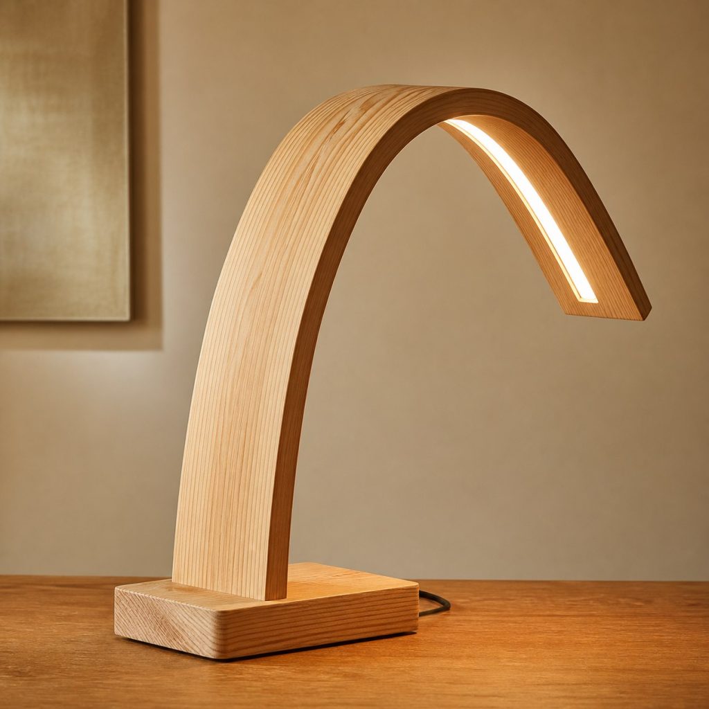 Larch Laminated Arch Lamp shown as an original square photorealistic larch wood lamp with authentic grain, warm diffused light, and a short dark power cord