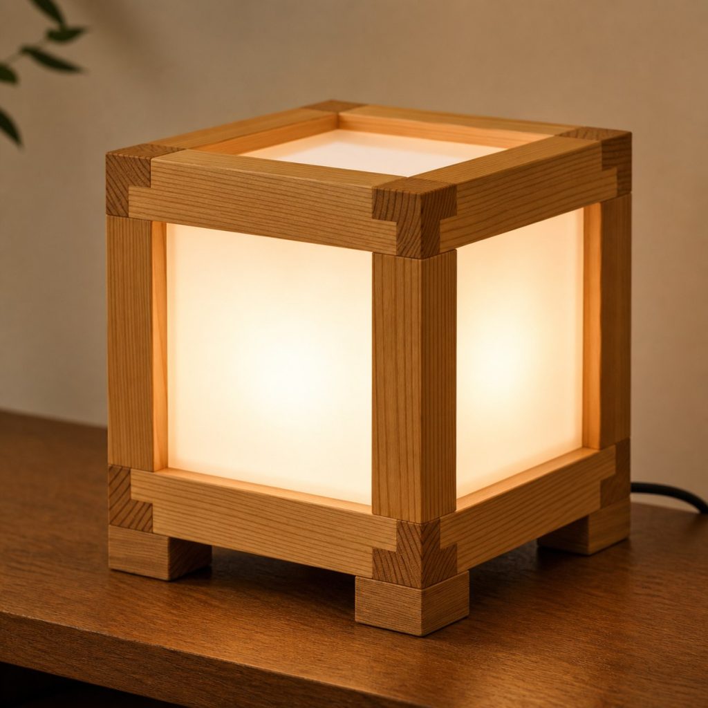 Larch Box-Jointed Cube Lamp shown as an original square photorealistic larch wood lamp with authentic grain, warm diffused light, and a short dark power cord