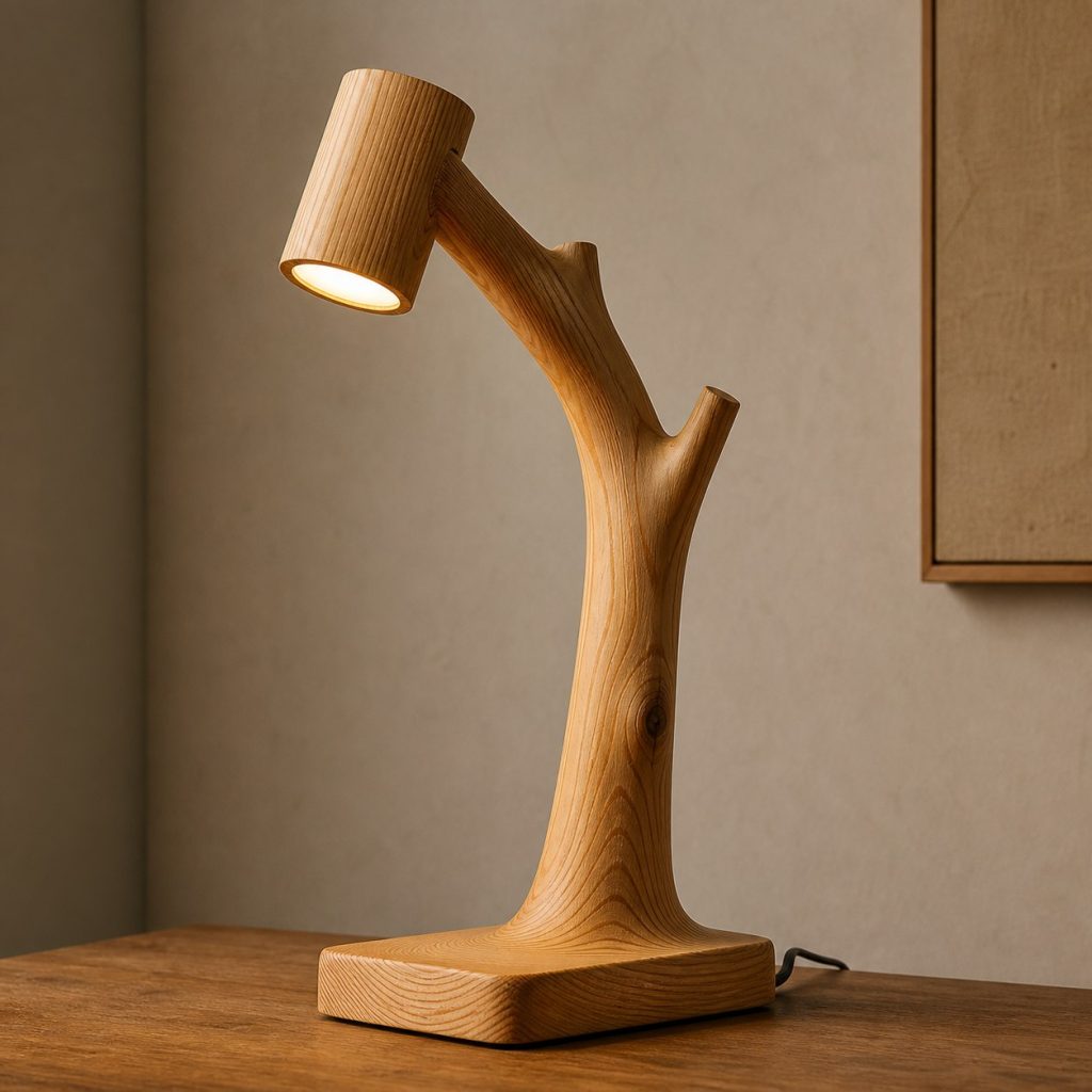 Larch Branch Reading Lamp shown as an original square photorealistic larch wood lamp with authentic grain, warm diffused light, and a short dark power cord