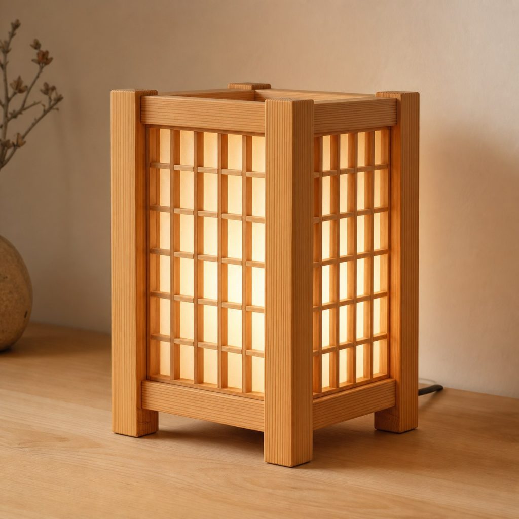 Larch Lattice Lamp shown as an original square photorealistic larch wood lamp with authentic grain, warm diffused light, and a short dark power cord
