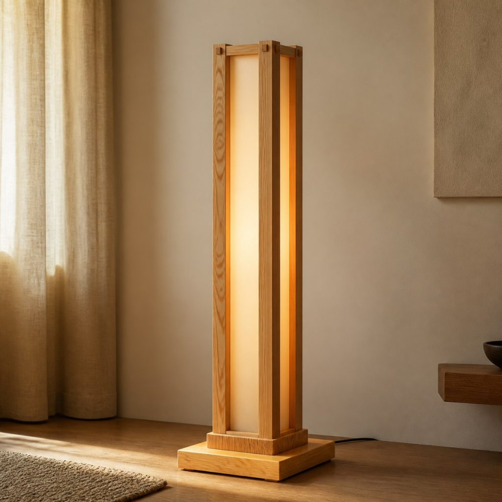 Larch Column Floor Lamp shown as an original square photorealistic larch wood lamp with authentic grain, warm diffused light, and a short dark power cord