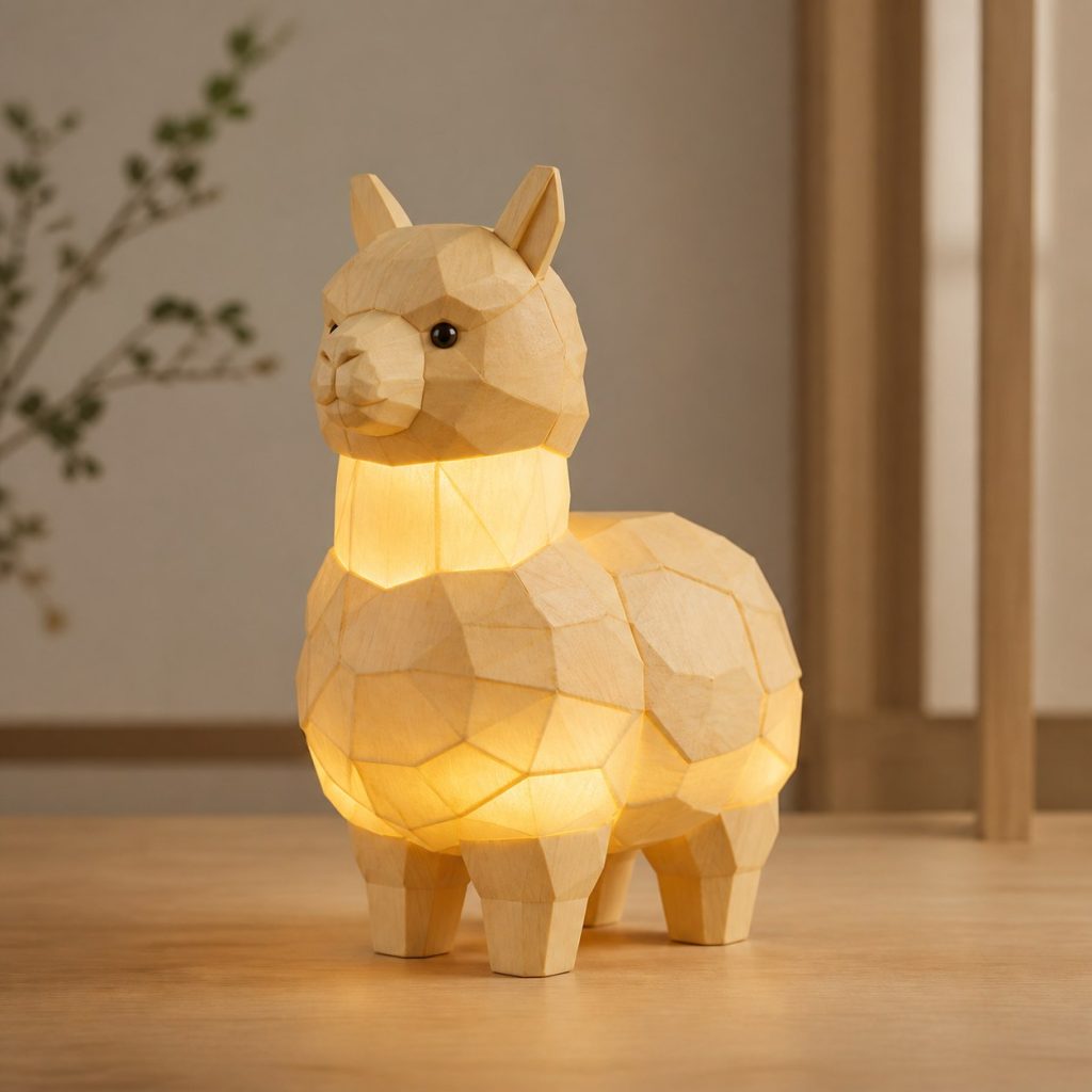 Faceted Alpaca Lamp shown as an original square photorealistic alpaca lamp made from natural light-yellow wood with fine grain and warm diffused light