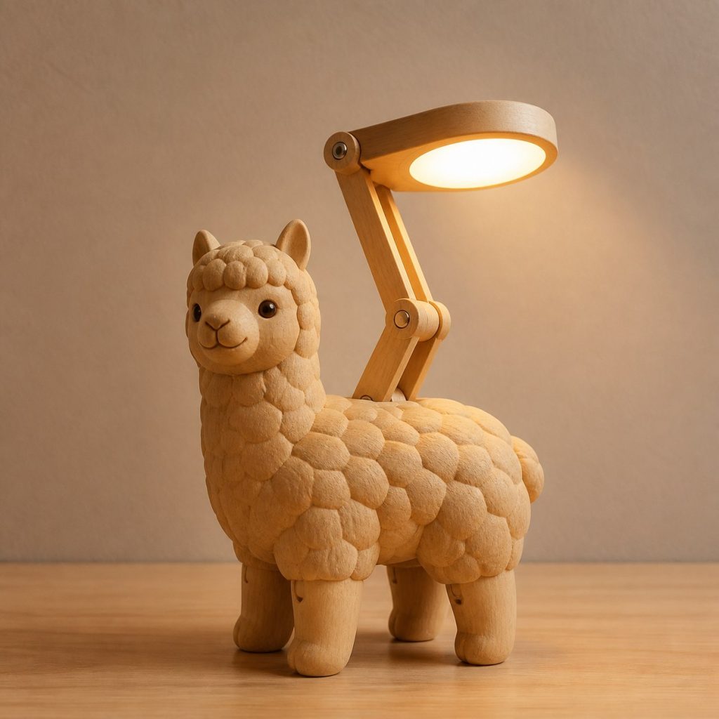 Alpaca-Fleece Desk Task Lamp shown as an original square photorealistic alpaca lamp made from natural light-yellow wood with fine grain and warm diffused light