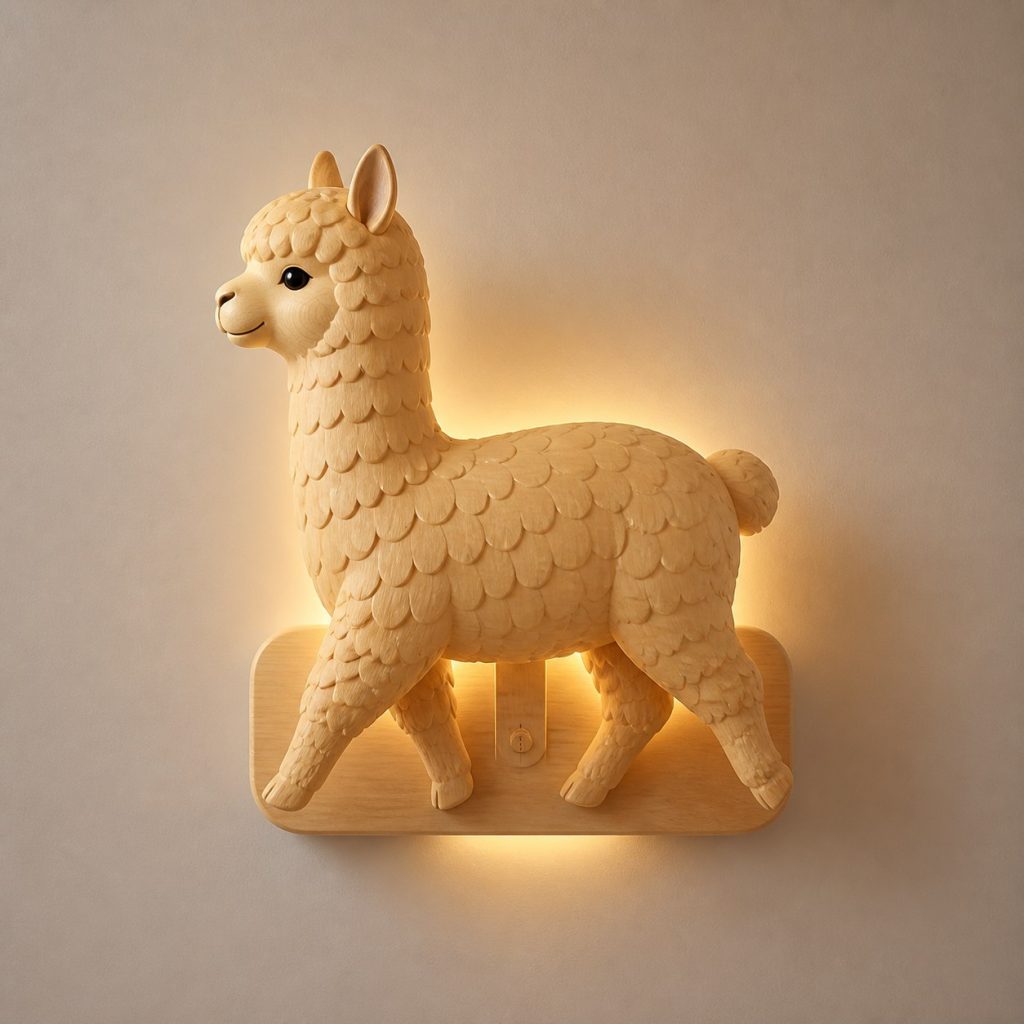 Walking Alpaca Wall Sconce shown as an original square photorealistic alpaca lamp made from natural light-yellow wood with fine grain and warm diffused light