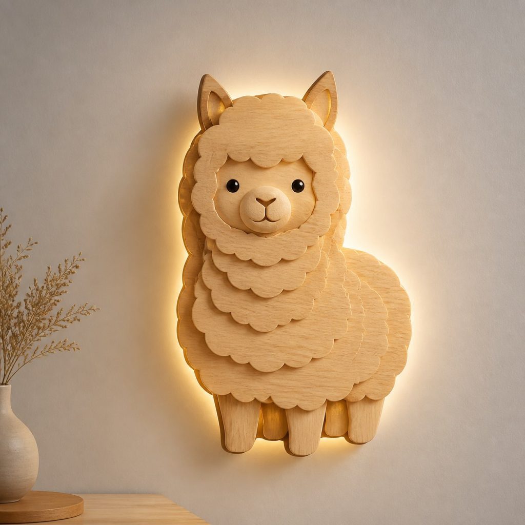 Layered Alpaca Face Wall Lamp shown as an original square photorealistic alpaca lamp made from natural light-yellow wood with fine grain and warm diffused light