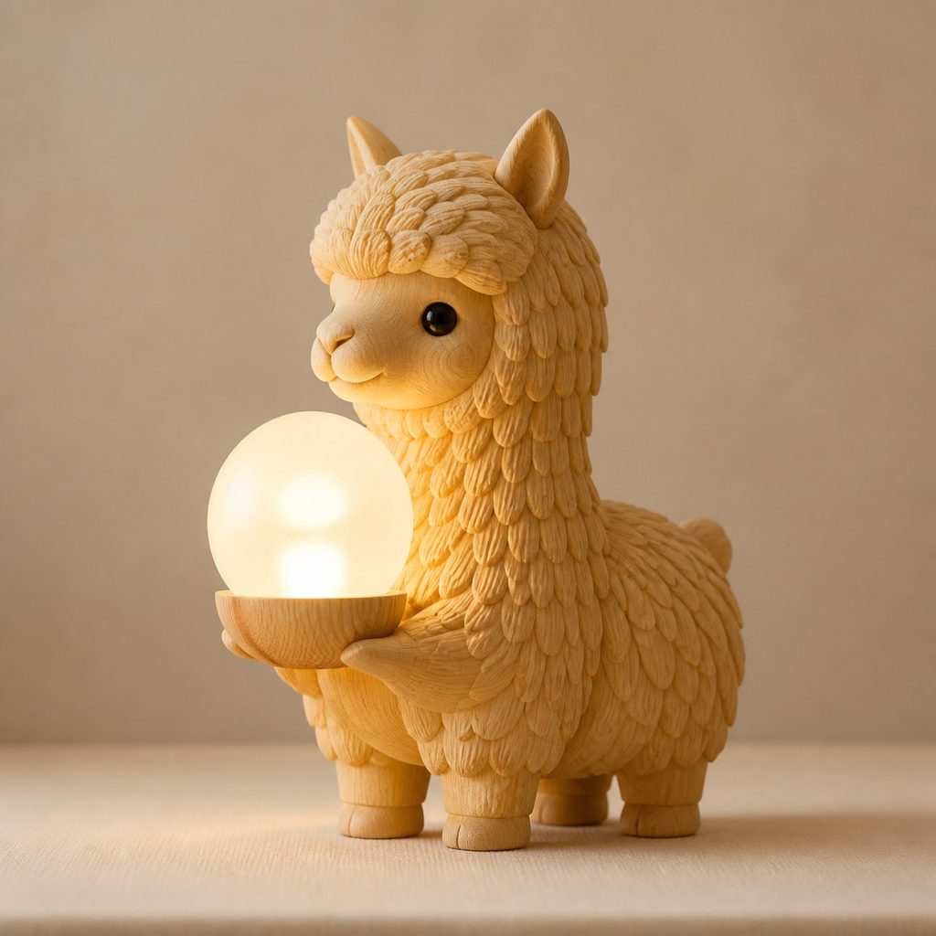 Alpaca Orb Lamp shown as an original square photorealistic alpaca lamp made from natural light-yellow wood with fine grain and warm diffused light