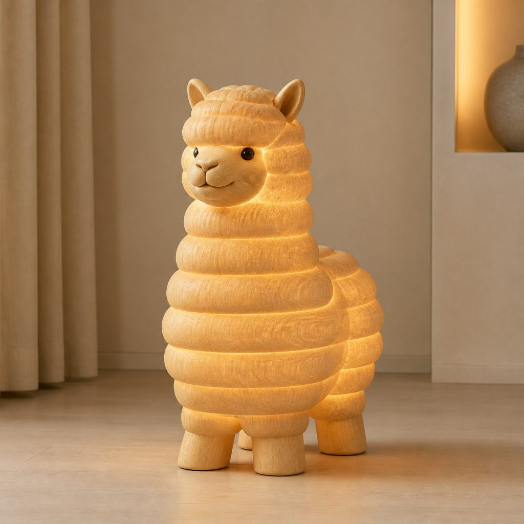Stacked Alpaca Floor Lamp shown as an original square photorealistic alpaca lamp made from natural light-yellow wood with fine grain and warm diffused light