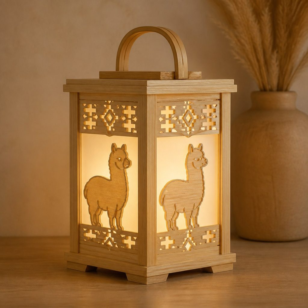 Andean Alpaca Lantern shown as an original square photorealistic alpaca lamp made from natural light-yellow wood with fine grain and warm diffused light