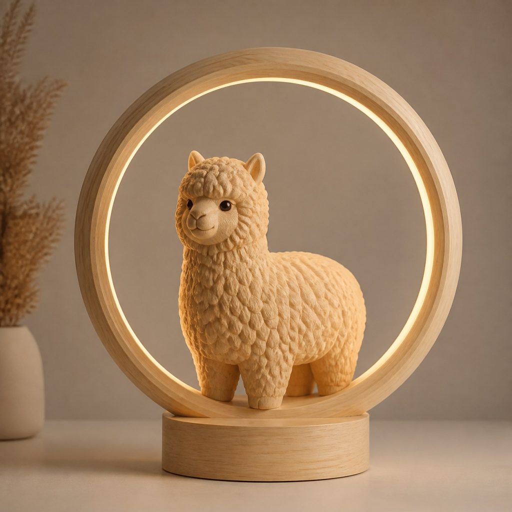 Alpaca Fleece-Ring Lamp shown as an original square photorealistic alpaca lamp made from natural light-yellow wood with fine grain and warm diffused light