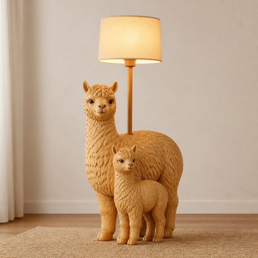 Paired Alpaca Floor Lamp shown as an original square photorealistic alpaca lamp made from natural light-yellow wood with fine grain and warm diffused light