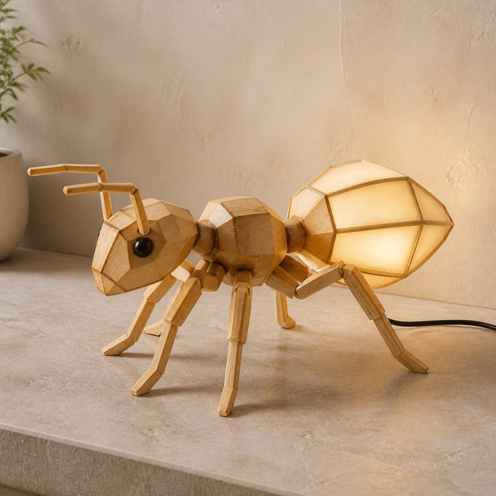 Faceted Ant Lamp shown as an original square photorealistic ant lamp made from natural light-yellow wood with fine grain and warm diffused light