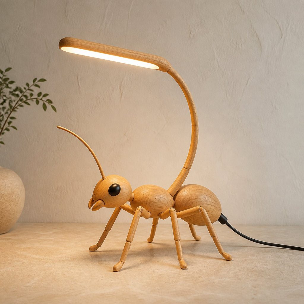Ant-Antenna Desk Task Lamp shown as an original square photorealistic ant lamp made from natural light-yellow wood with fine grain and warm diffused light