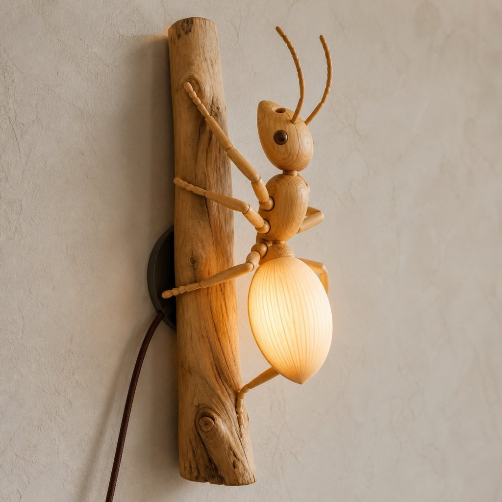 Climbing Ant Wall Sconce shown as an original square photorealistic ant lamp made from natural light-yellow wood with fine grain and warm diffused light