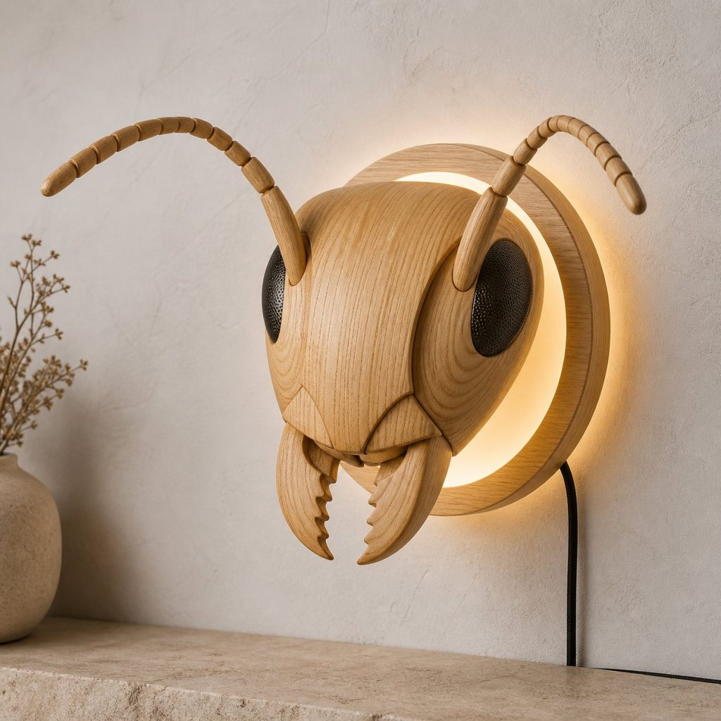Layered Ant Head Wall Lamp shown as an original square photorealistic ant lamp made from natural light-yellow wood with fine grain and warm diffused light