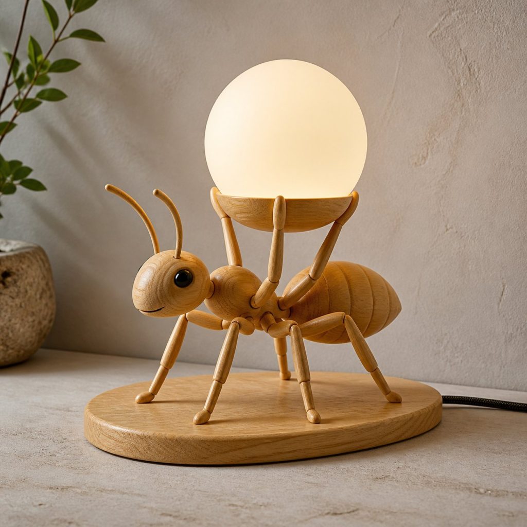 Ant Orb Lamp shown as an original square photorealistic ant lamp made from natural light-yellow wood with fine grain and warm diffused light