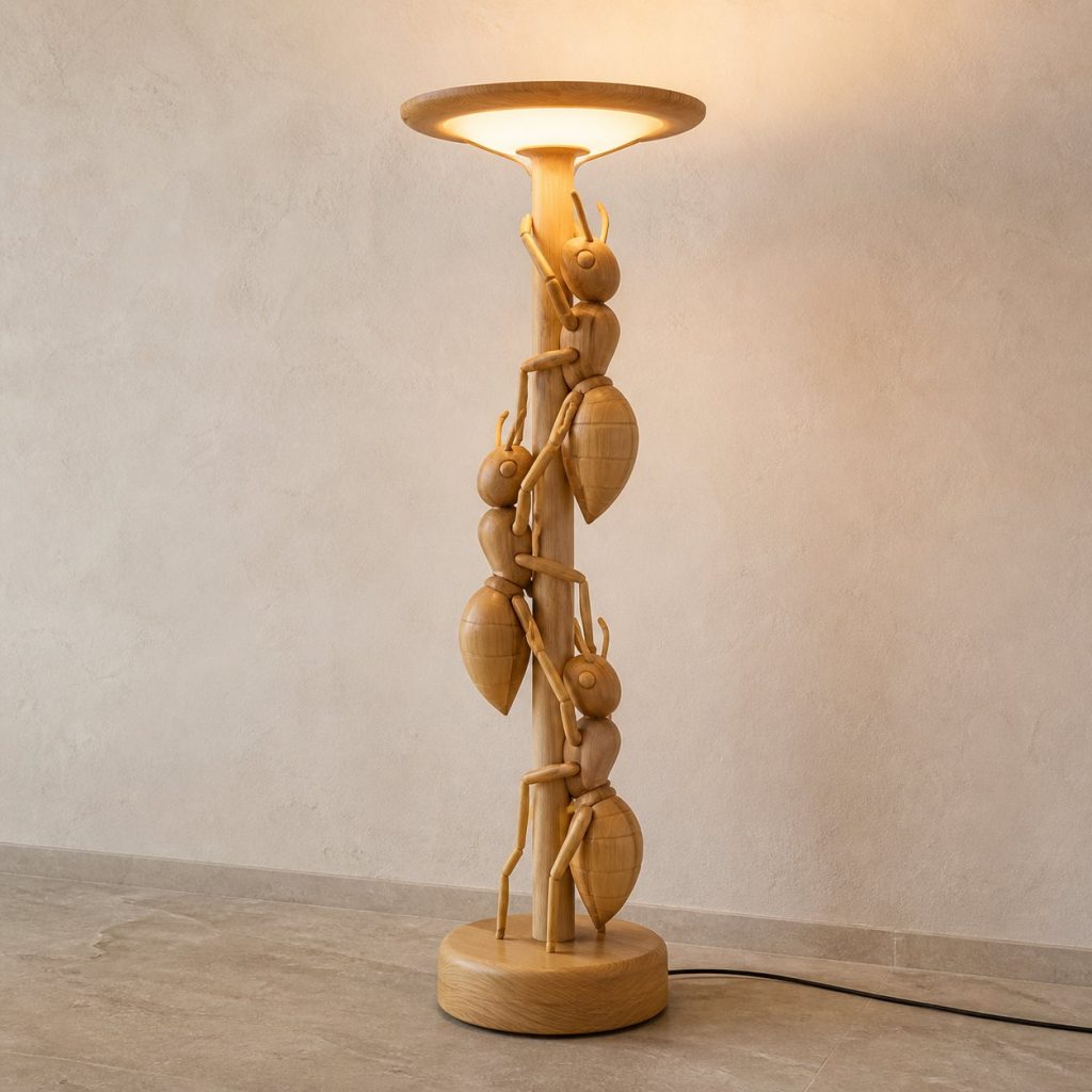 Stacked Ant Floor Lamp shown as an original square photorealistic ant lamp made from natural light-yellow wood with fine grain and warm diffused light