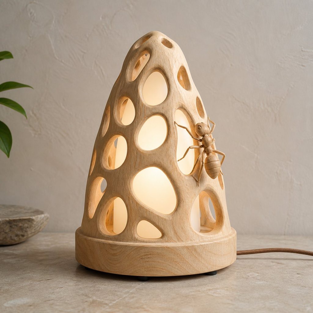 Anthill Ant Lantern shown as an original square photorealistic ant lamp made from natural light-yellow wood with fine grain and warm diffused light