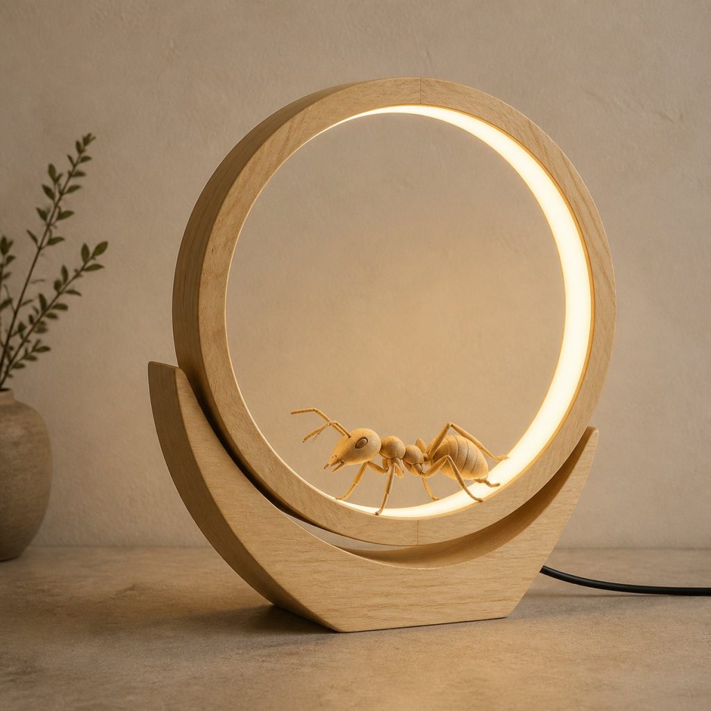 Ant-and-Sun Ring Lamp shown as an original square photorealistic ant lamp made from natural light-yellow wood with fine grain and warm diffused light