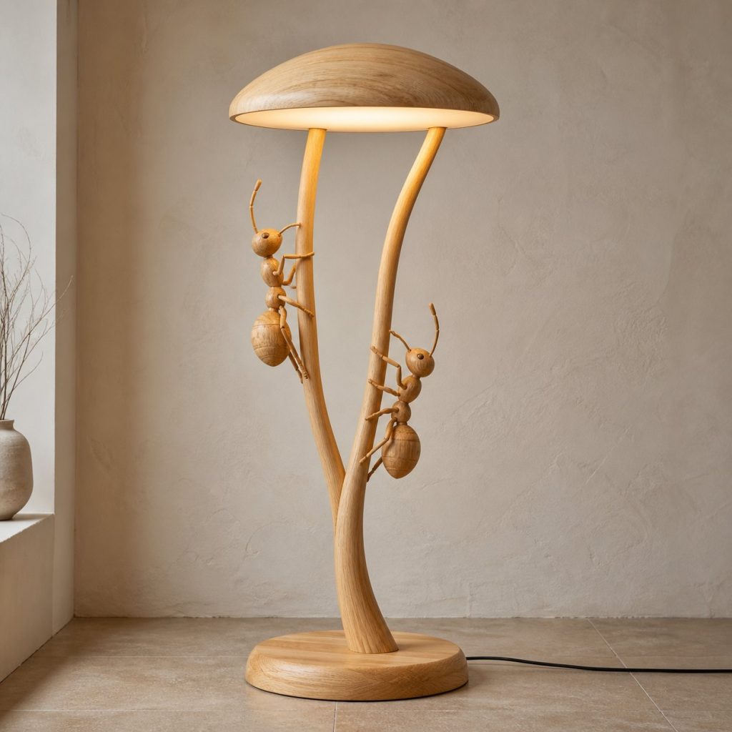Paired-Ant Floor Lamp shown as an original square photorealistic ant lamp made from natural light-yellow wood with fine grain and warm diffused light