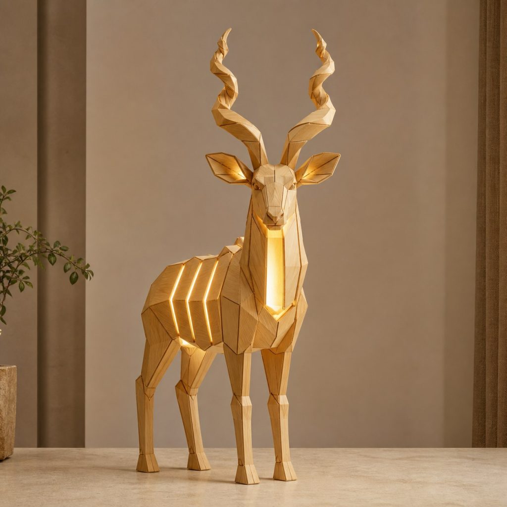 Faceted Antelope Lamp shown as an original square photorealistic antelope lamp made from natural light-yellow wood with fine grain and warm diffused light
