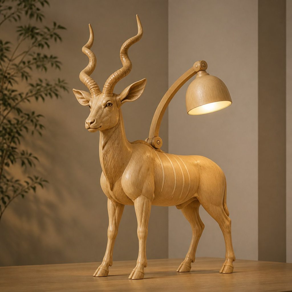 Antelope-Horn Desk Task Lamp shown as an original square photorealistic antelope lamp made from natural light-yellow wood with fine grain and warm diffused light