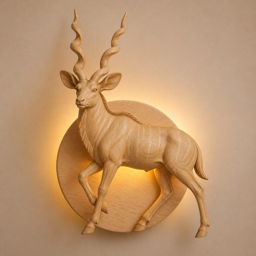 Striding Antelope Wall Sconce shown as an original square photorealistic antelope lamp made from natural light-yellow wood with fine grain and warm diffused light