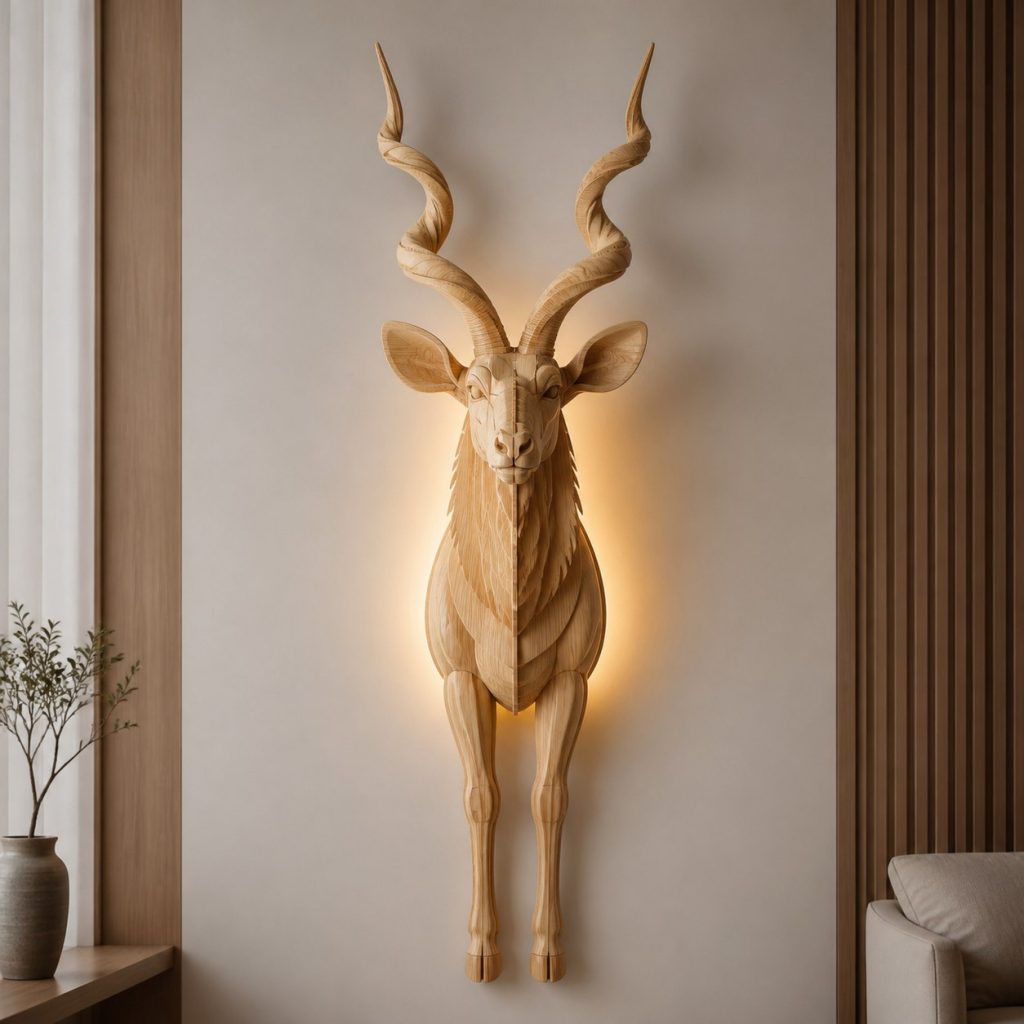 Layered Antelope Head Wall Lamp shown as an original square photorealistic antelope lamp made from natural light-yellow wood with fine grain and warm diffused light