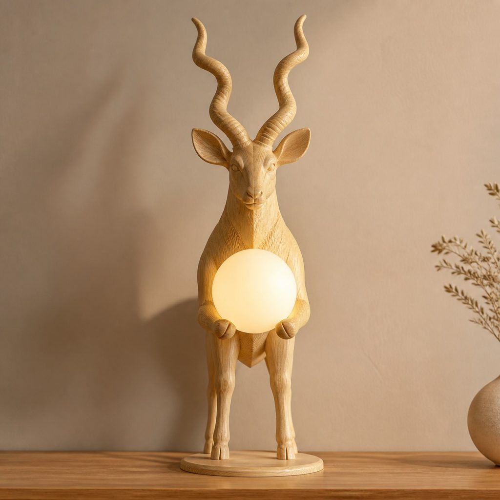 Antelope Orb Lamp shown as an original square photorealistic antelope lamp made from natural light-yellow wood with fine grain and warm diffused light