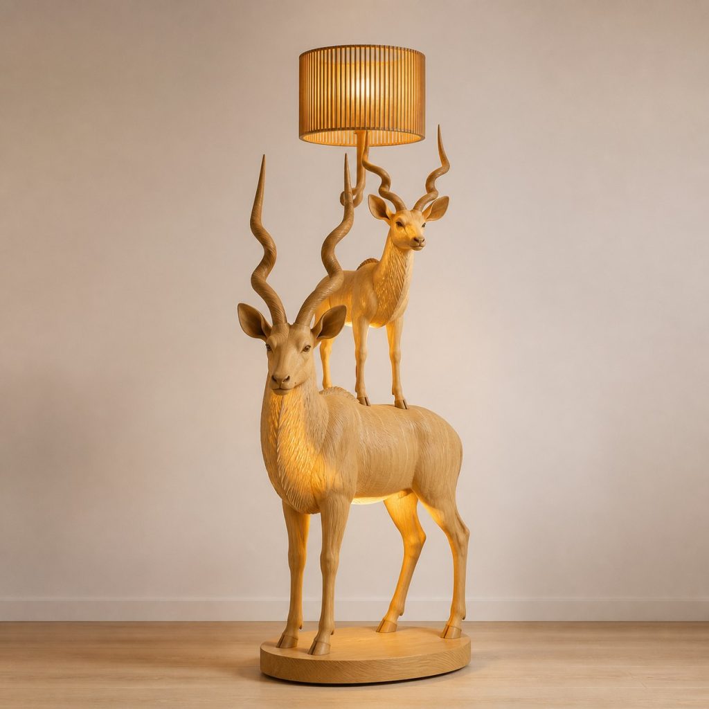 Stacked Antelope Floor Lamp shown as an original square photorealistic antelope lamp made from natural light-yellow wood with fine grain and warm diffused light