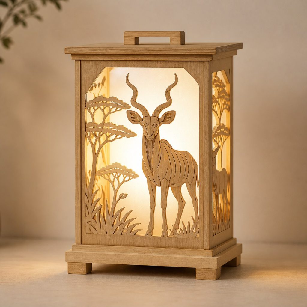 Savanna Antelope Lantern shown as an original square photorealistic antelope lamp made from natural light-yellow wood with fine grain and warm diffused light
