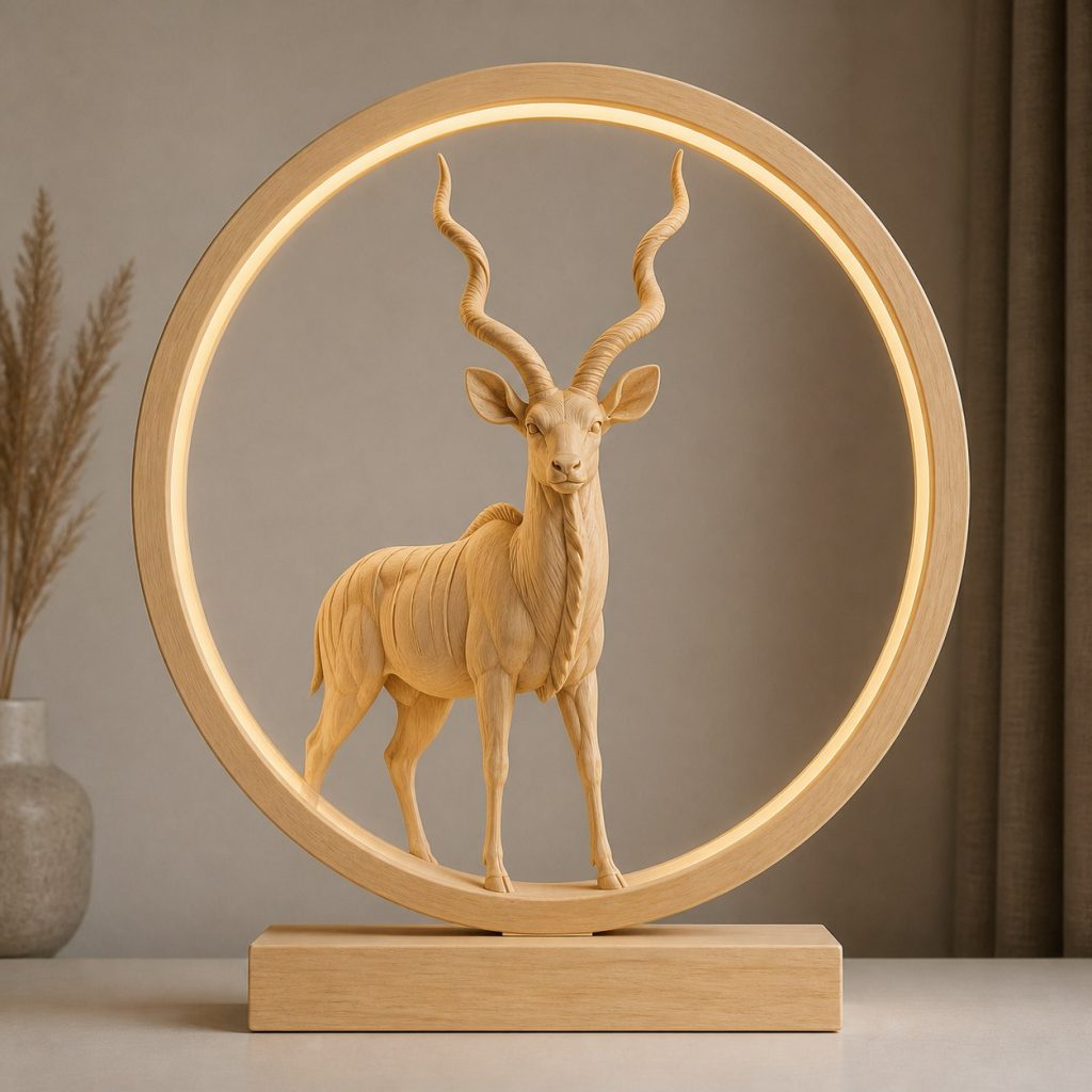 Antelope Spiral-Ring Lamp shown as an original square photorealistic antelope lamp made from natural light-yellow wood with fine grain and warm diffused light