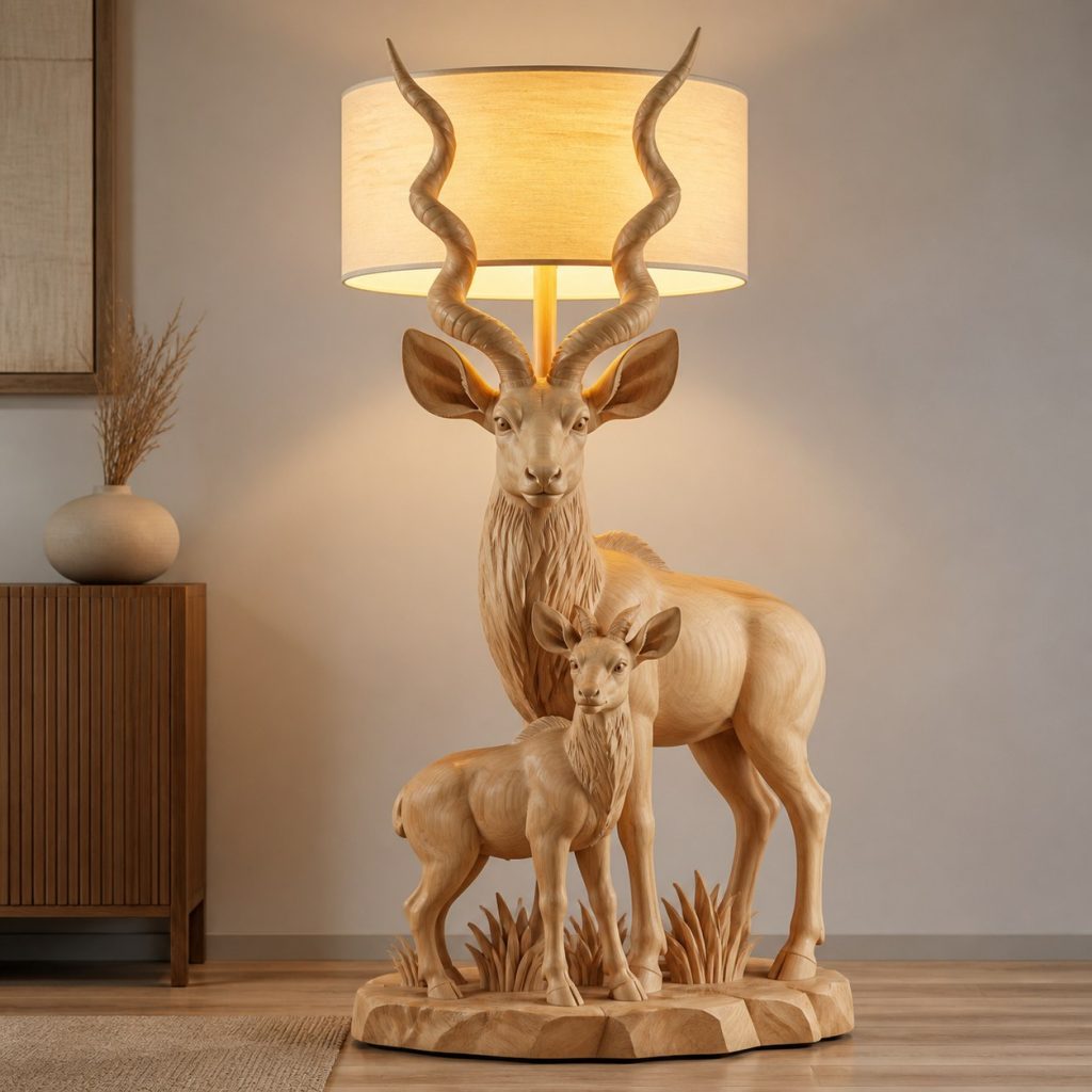 Paired Antelope Floor Lamp shown as an original square photorealistic antelope lamp made from natural light-yellow wood with fine grain and warm diffused light