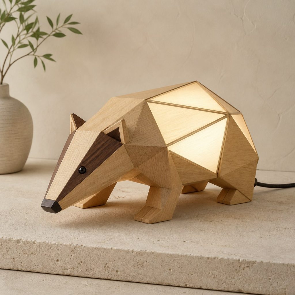 Faceted Badger Lamp shown as an original square photorealistic badger lamp made from natural light-yellow wood with fine grain and warm diffused light