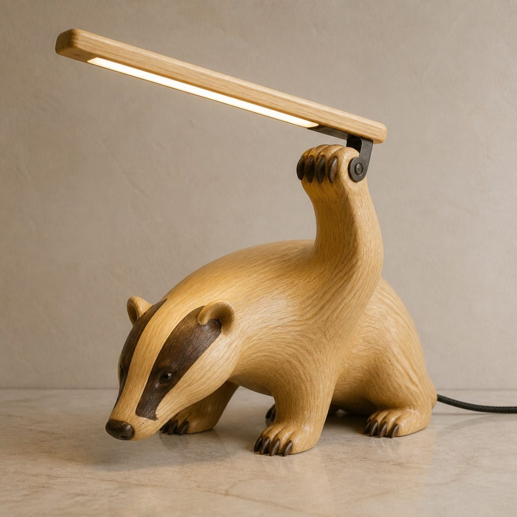Badger-Stripe Desk Task Lamp shown as an original square photorealistic badger lamp made from natural light-yellow wood with fine grain and warm diffused light