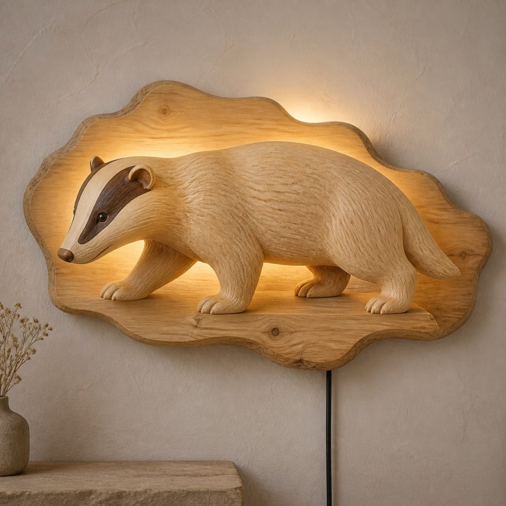 Walking Badger Wall Sconce shown as an original square photorealistic badger lamp made from natural light-yellow wood with fine grain and warm diffused light