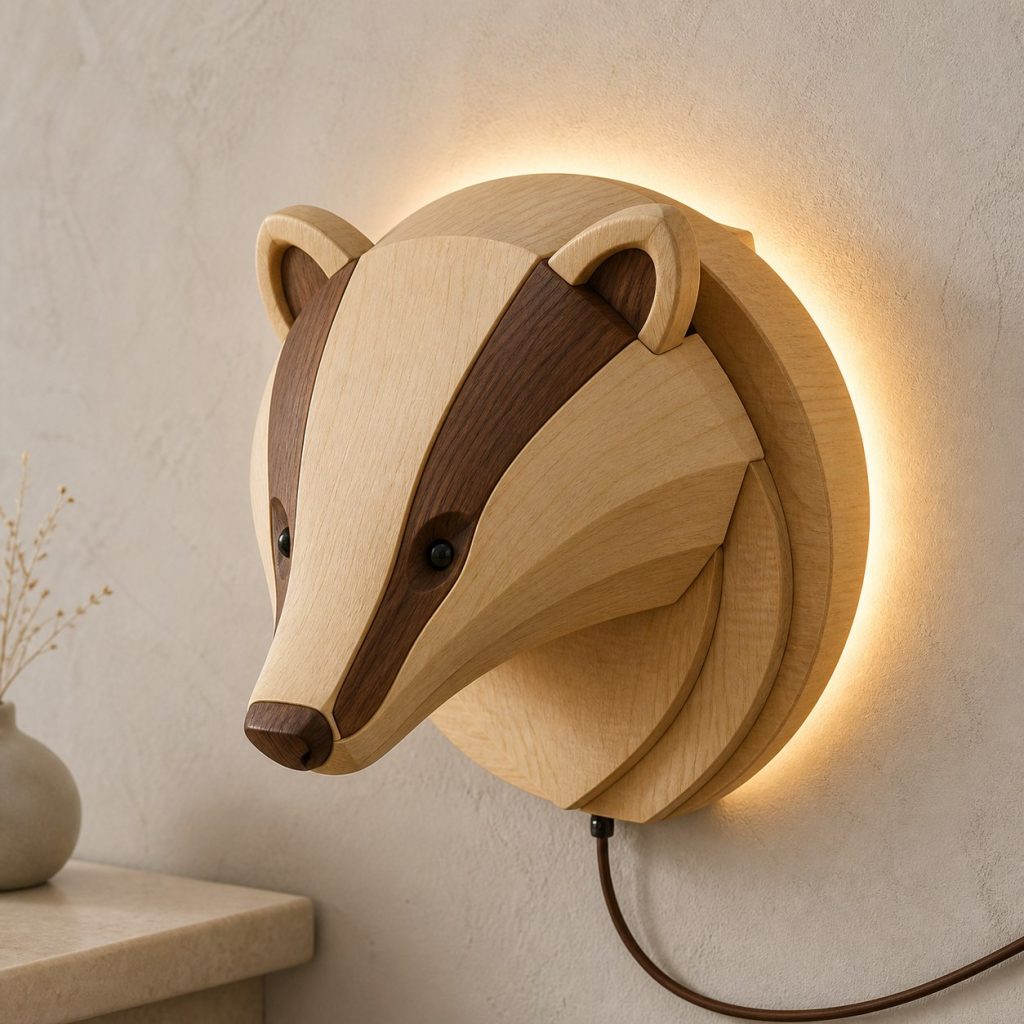 Layered Badger Face Wall Lamp shown as an original square photorealistic badger lamp made from natural light-yellow wood with fine grain and warm diffused light