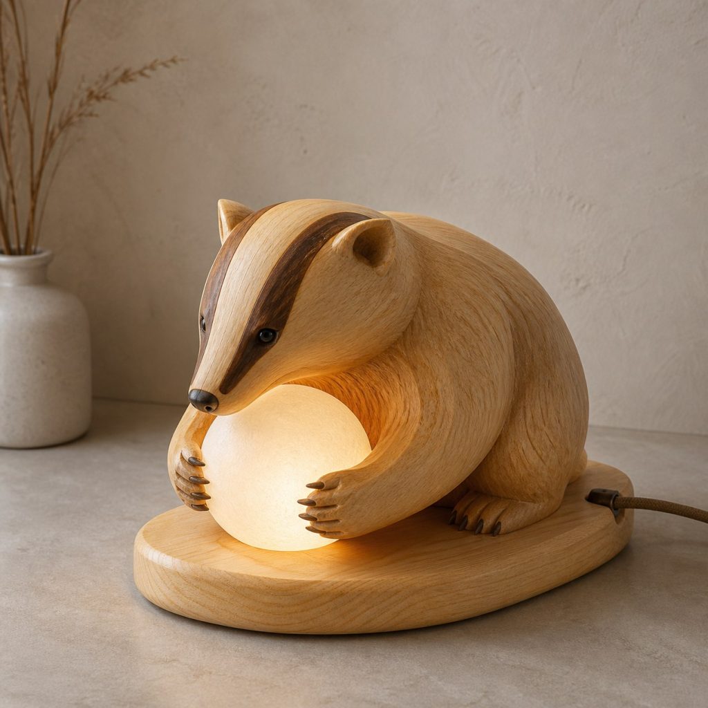 Badger Orb Lamp shown as an original square photorealistic badger lamp made from natural light-yellow wood with fine grain and warm diffused light